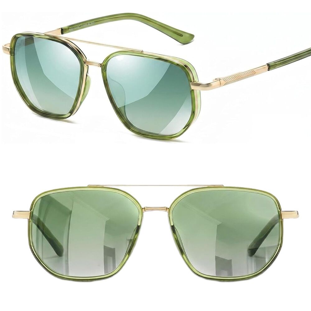 Women's Gold Green Polarized Oversized Square Pilot Retro Fashion Sunglasses